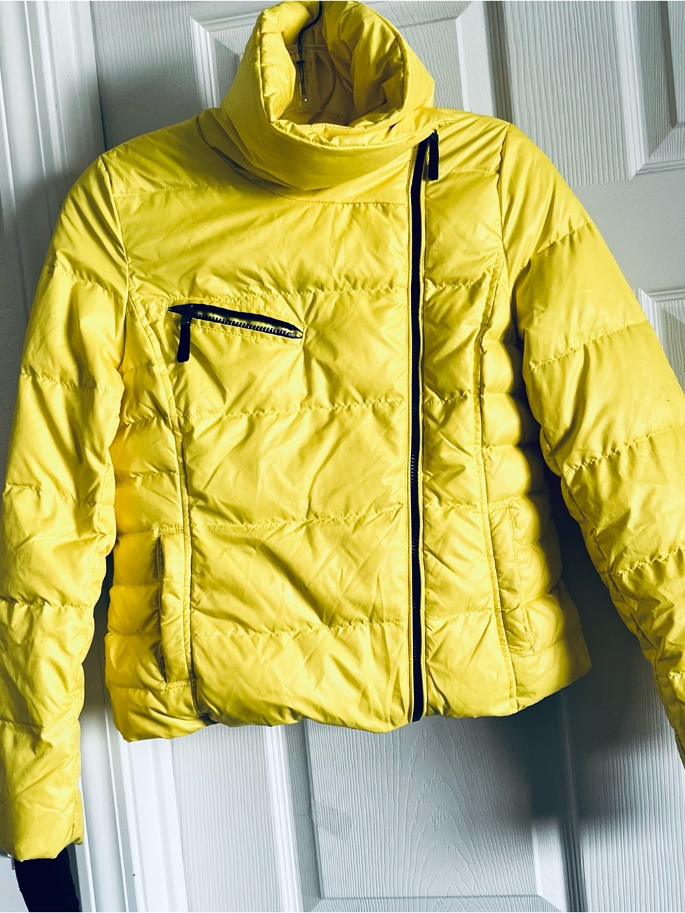 Andrew Marc Sz L(14) Down Yellow Lightweight moto Puffer Jacket Asymmetrical Zip